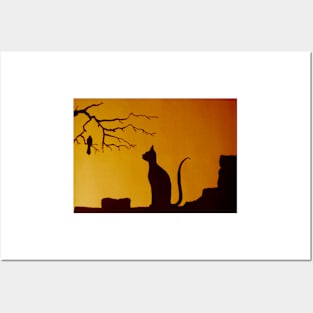 Cat and Bird at Sunset Posters and Art